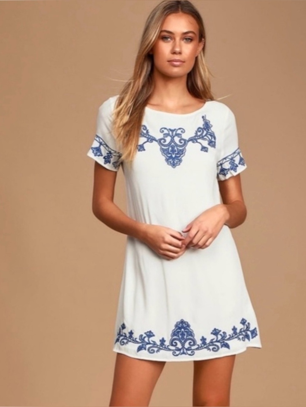 Lulu's white with blue embroidery mini dress